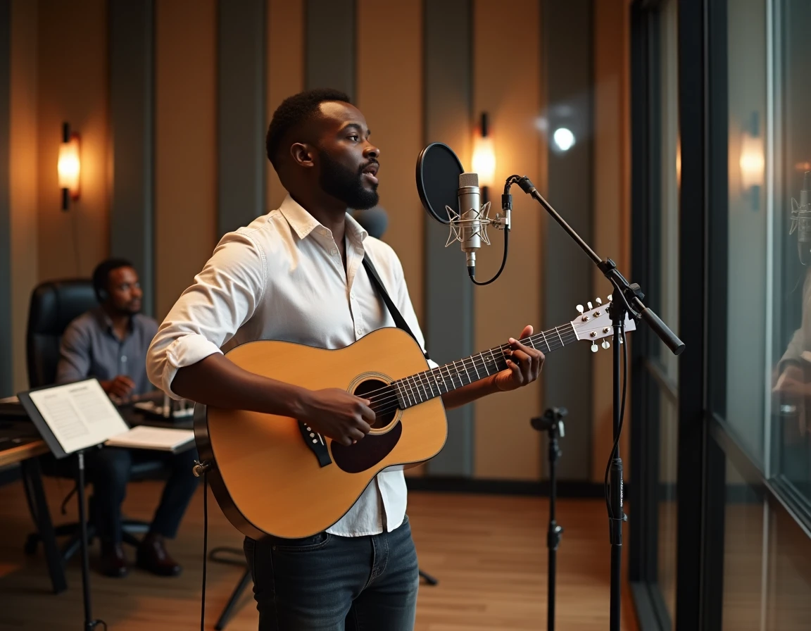 Guitariste en session d'enregistrement dans une cabine de studio professionnel avec ingénieur du son visible en arrière-plan