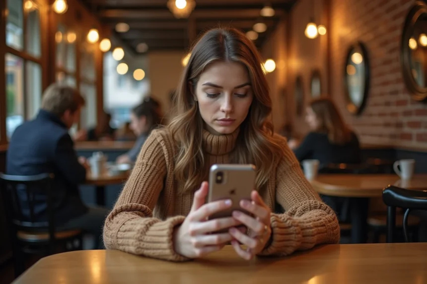 Femme regardant l'heure miroir 14h41 sur son téléphone dans un café parisien, expression pensive et amoureuse