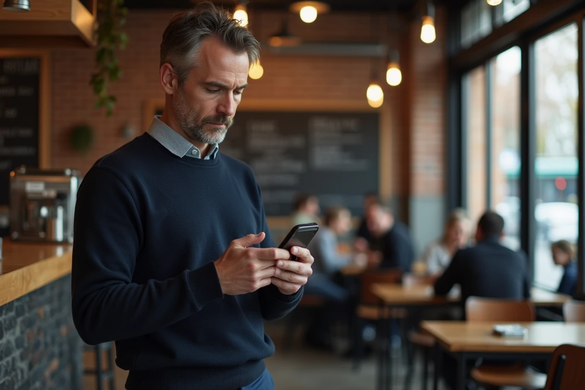 Homme parcourant un fil d'actualités sur smartphone dans un café urbain animé