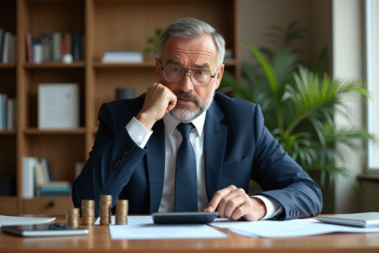 Homme d'affaires en costume analysant des documents financiers