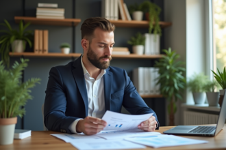 Jeune homme en costume analysant un document financier dans un bureau moderne