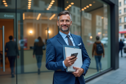 Homme d'affaires en costume bleu tenant un smartphone devant une banque