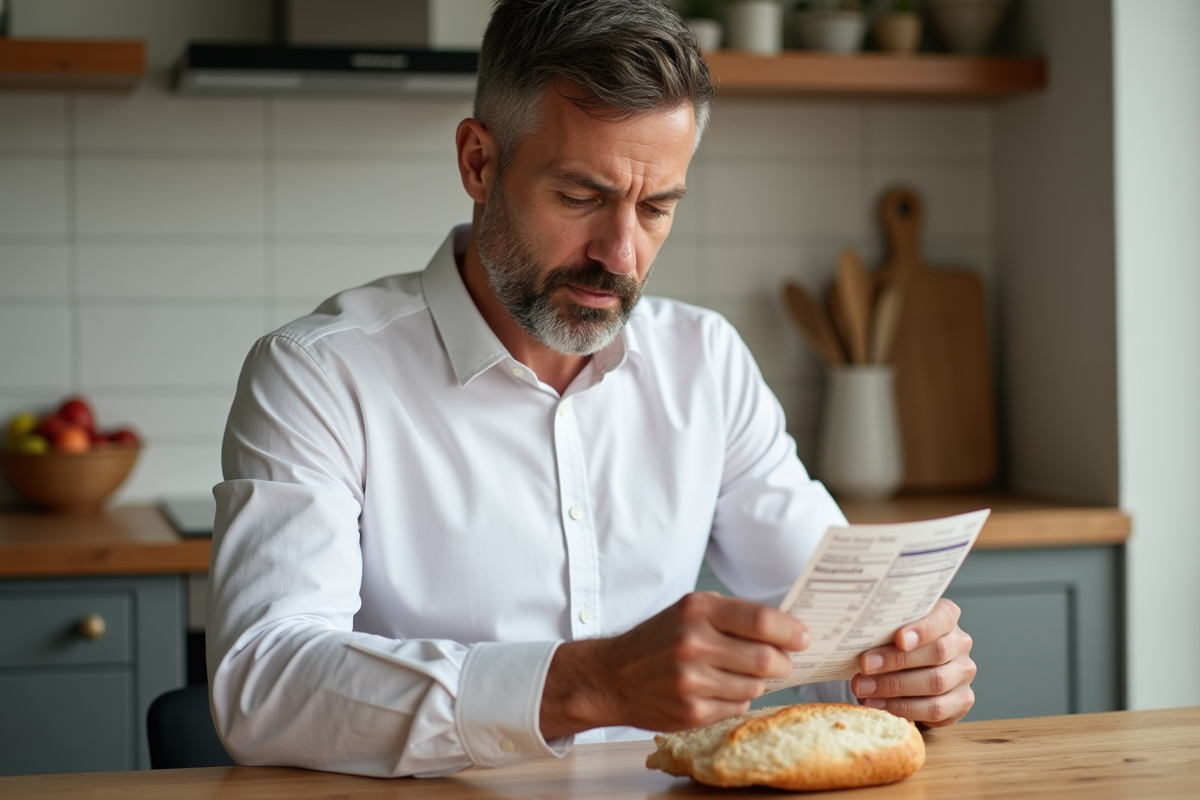 Homme analysant une baguette dans sa cuisine moderne