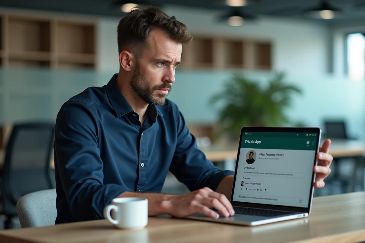 Homme en bureau regardant les paramètres de confidentialité de son profil WhatsApp sur un ordinateur