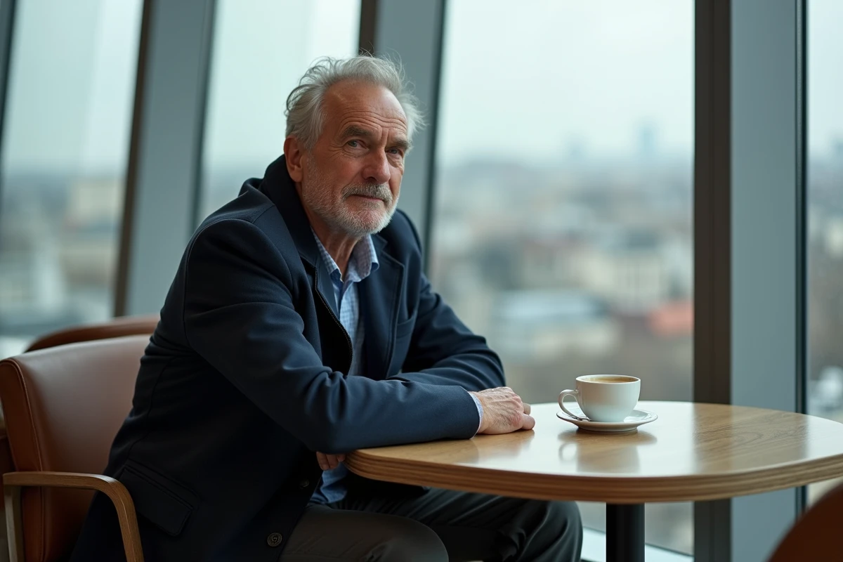 Homme d age assis au café avec vue sur Paris intérieur Montparnasse