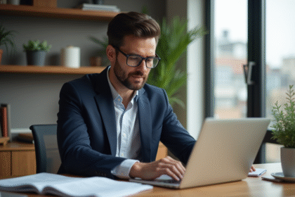 Homme d'affaires en costume bleu dans un bureau moderne