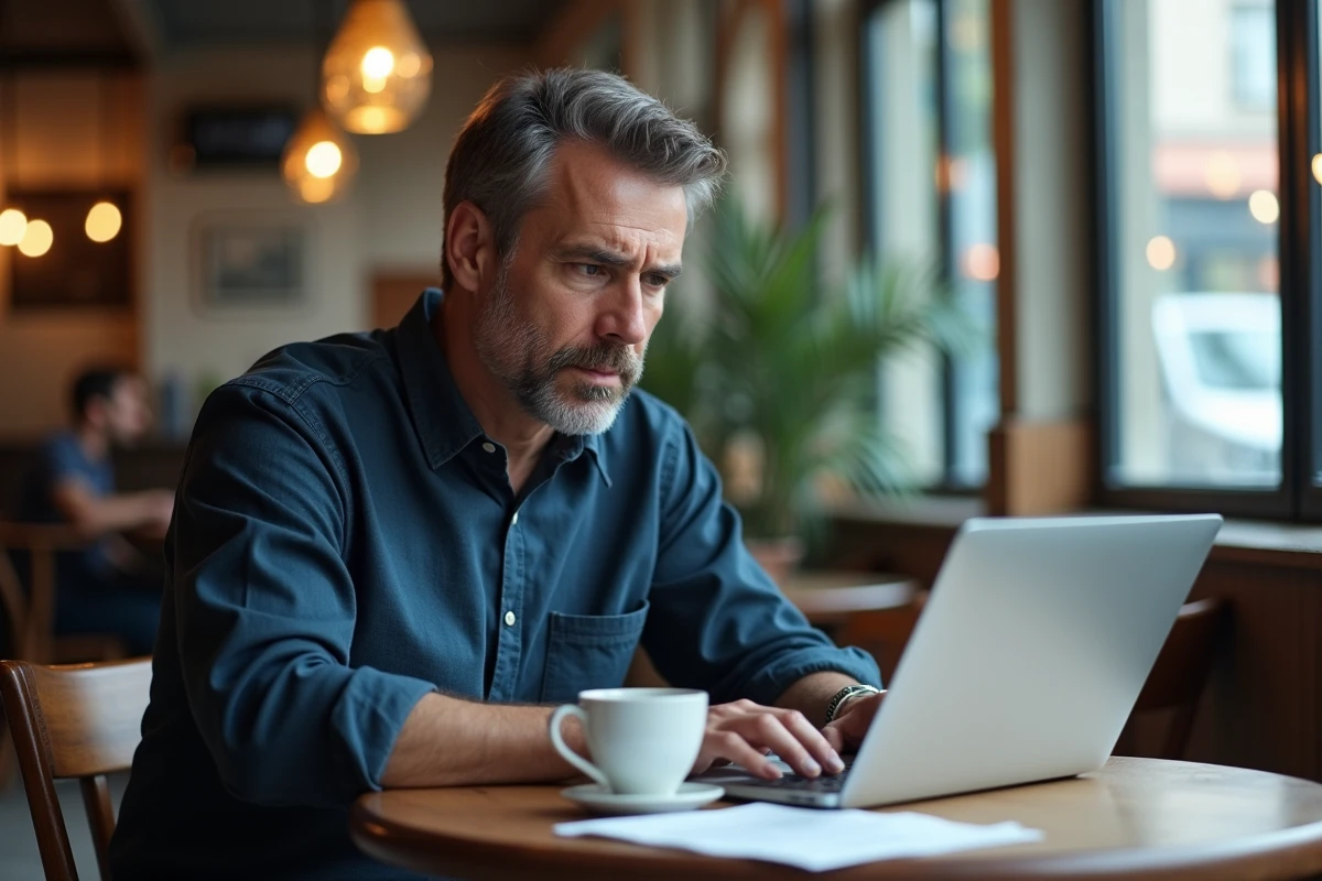 Homme utilisant un ordinateur portable dans un café pour corriger une faute de grammaire française
