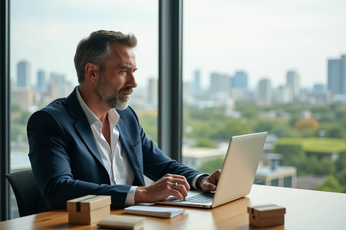 Homme en costume examinant emballages écologiques au bureau