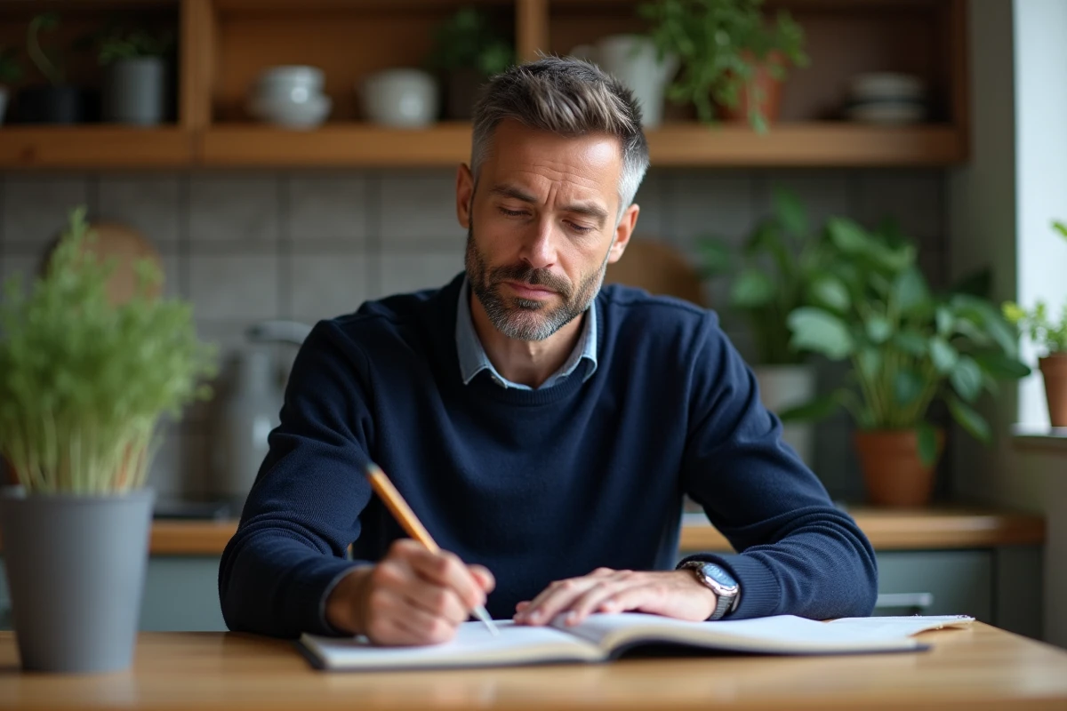 Homme pensif écrivant dans un carnet à la cuisine