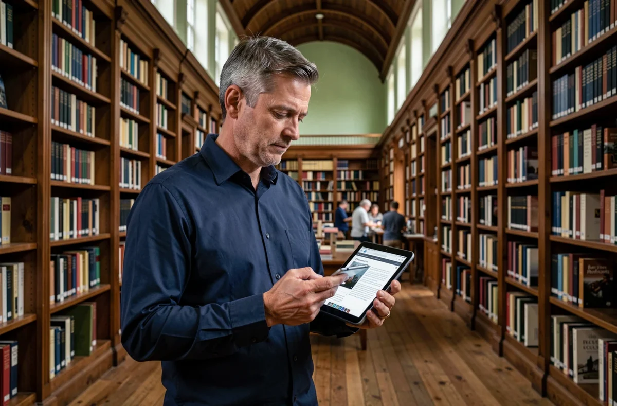 Homme consultant une encyclopédie collaborative en ligne sur une tablette dans une grande bibliothèque publique classique