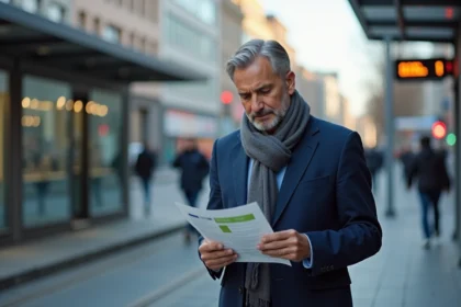 Homme en costume examine une facture d énergie à un arrêt de tram