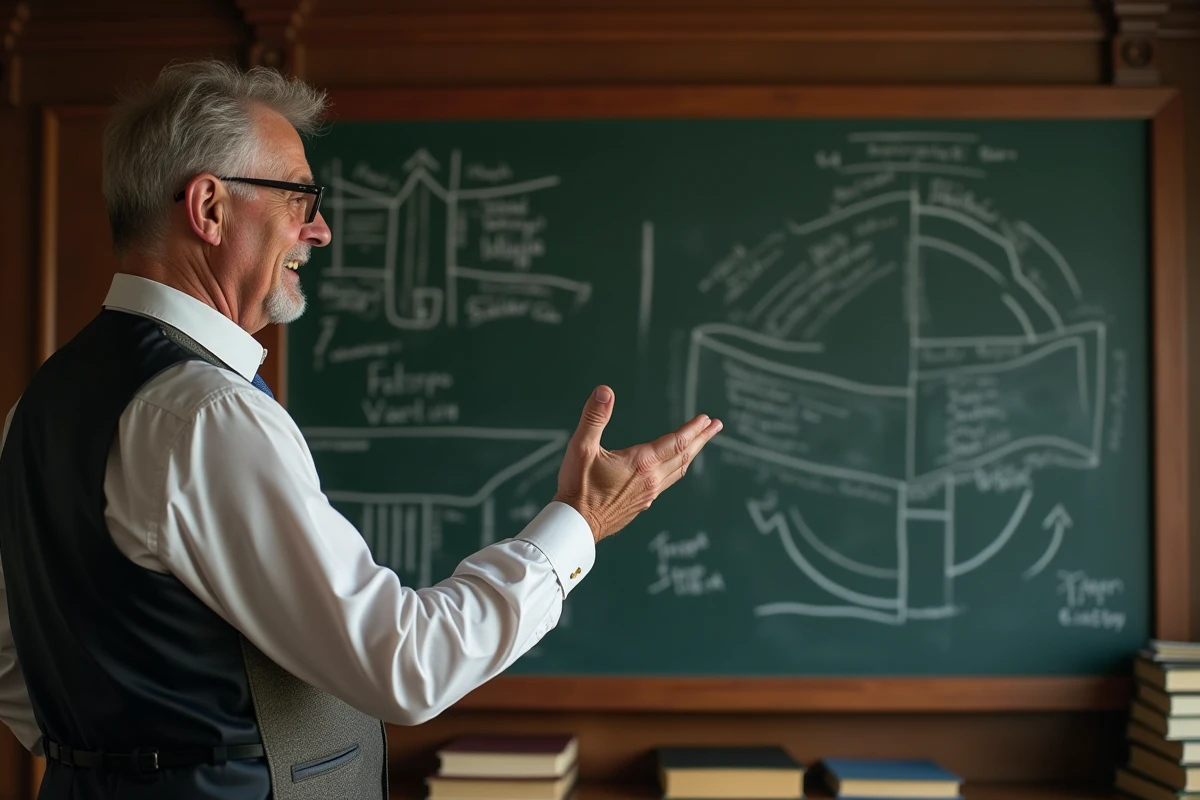 Homme expliquant des schémas devant un tableau noir