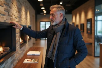 Homme d'âge moyen examine un foyer moderne en showroom