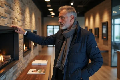 Homme d'âge moyen examine un foyer moderne en showroom