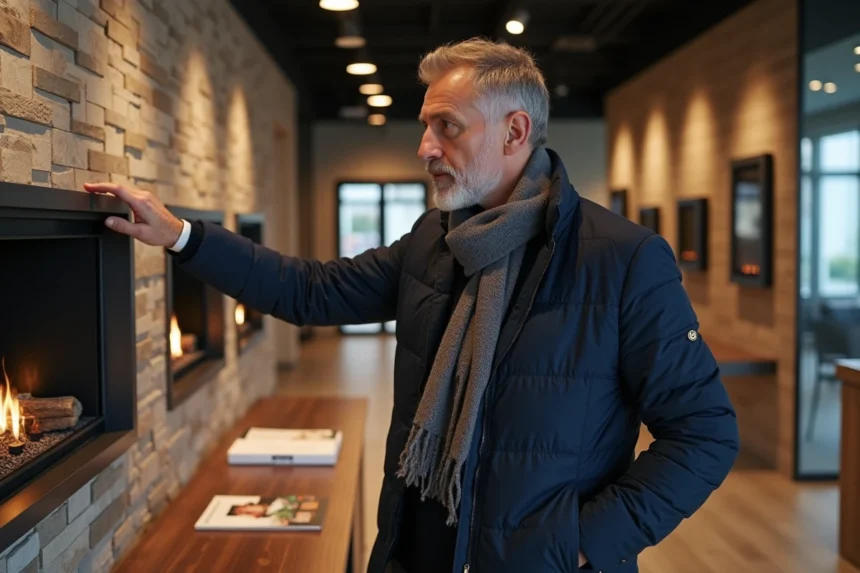 Homme d'âge moyen examine un foyer moderne en showroom