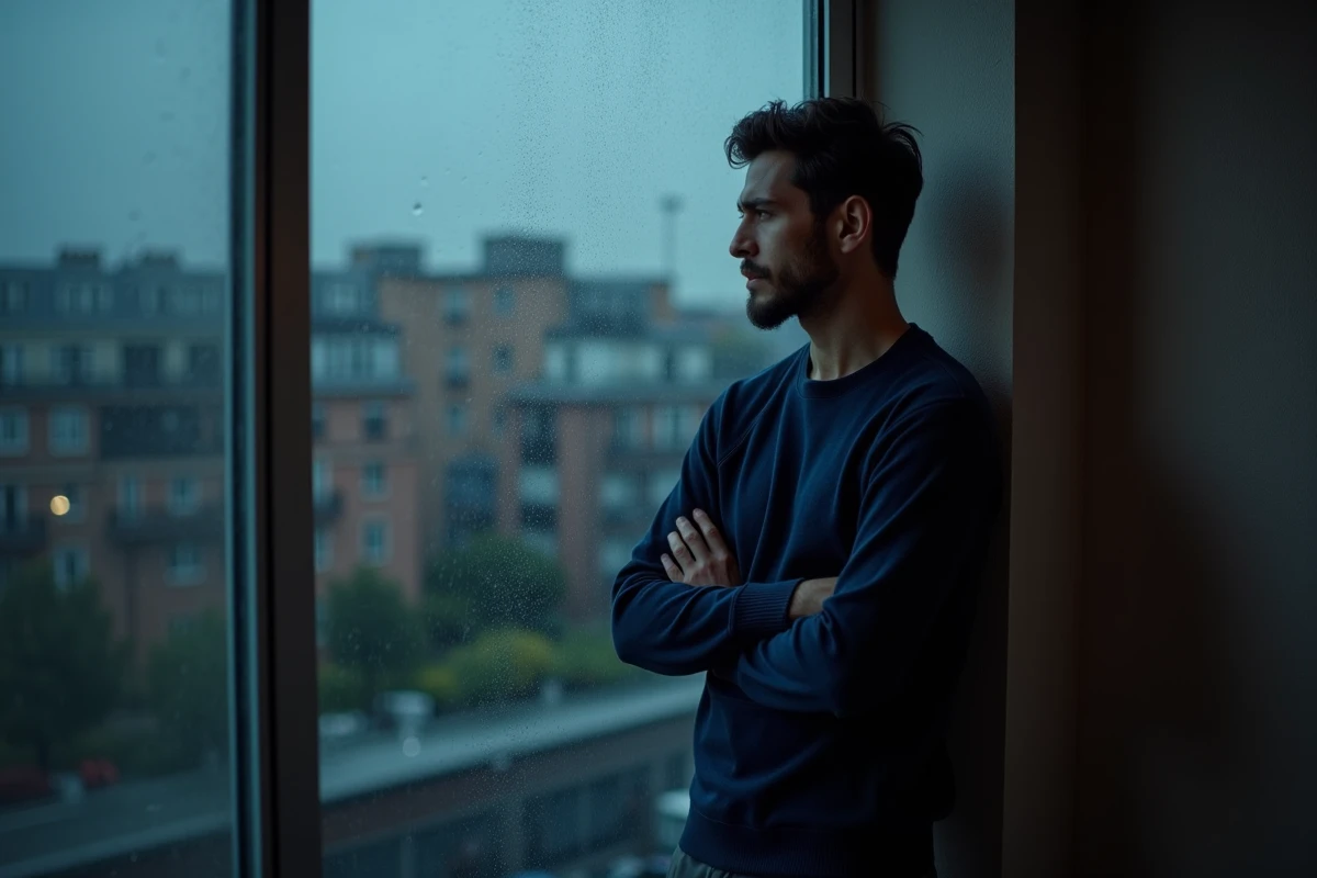 Homme songeur debout devant une fenêtre pluvieuse, symbolisant l'ambivalence émotionnelle face au retour d'un ex en rêve