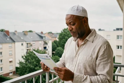 Homme consultant un horaire de prière imprimé sur un balcon en banlieue parisienne à Livry-Gargan