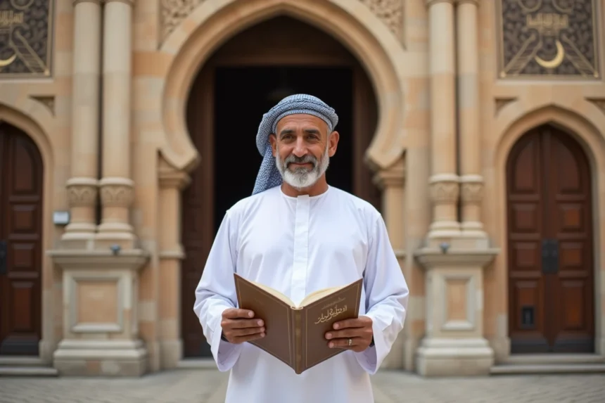 Homme en djellaba blanche tenant un horaire de Ramadan imprimé devant l'entrée d'une mosquée à Lyon