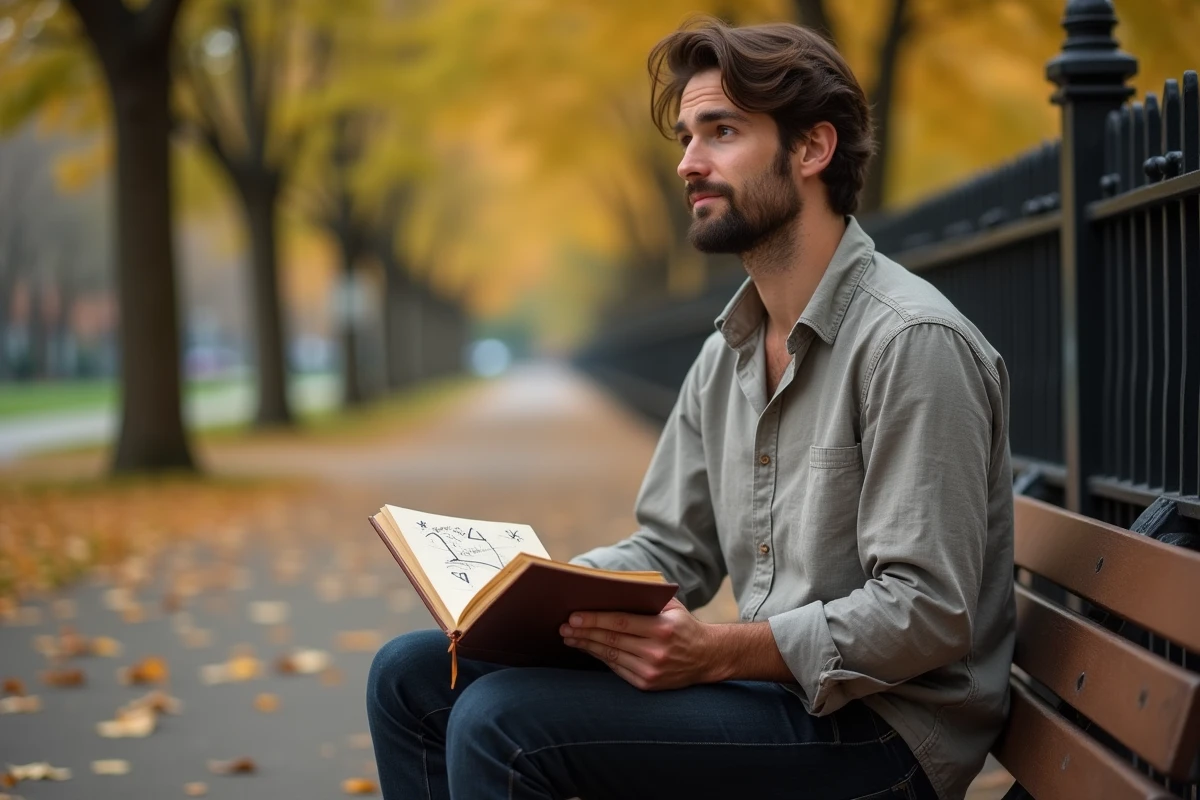 Homme tenant un journal avec l'heure miroir 14h41 écrite à la main, assis dans un parc en automne, réflexion sur l'amour et les signes