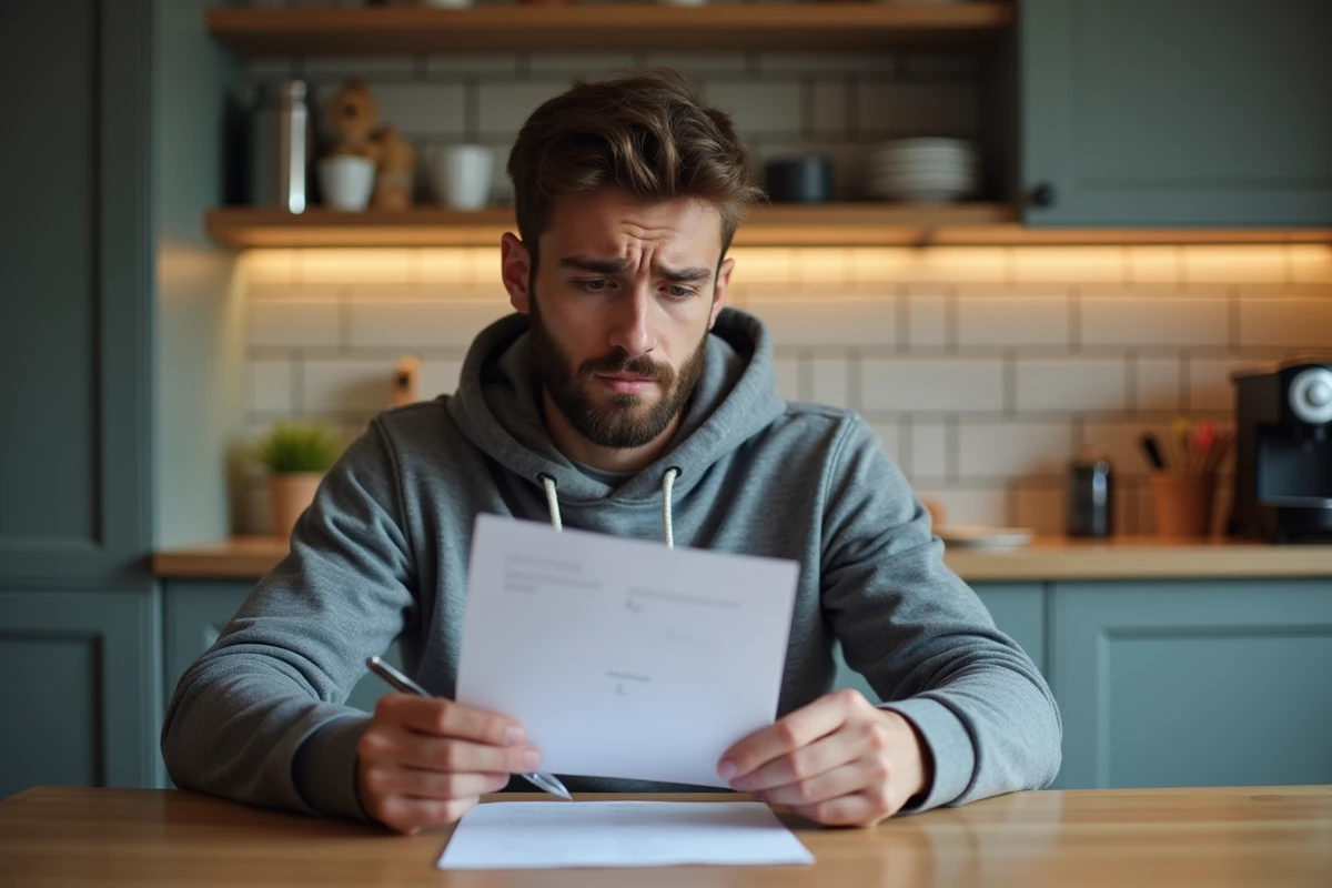 Jeune homme lisant un avis d'amende pour tapage nocturne à la table de sa cuisine, procédure de recours