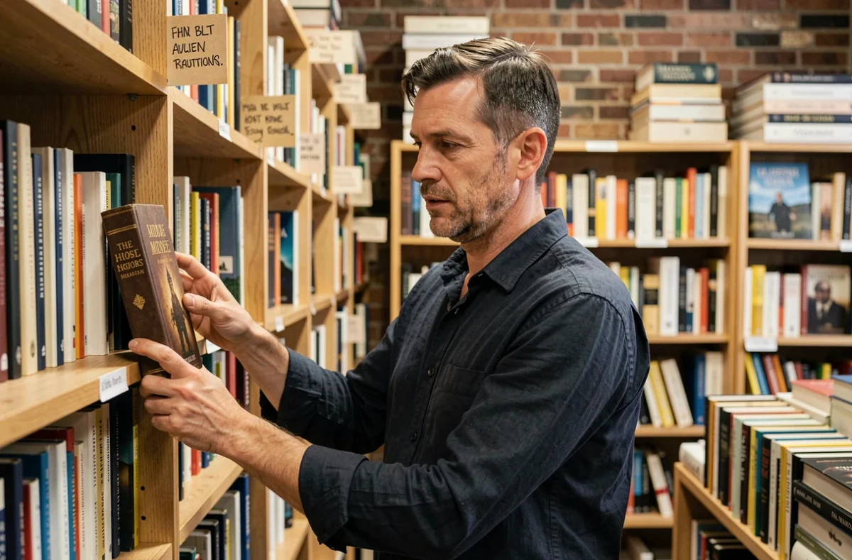 Homme feuilletant un roman historique médiéval dans une librairie indépendante aux étagères en bois