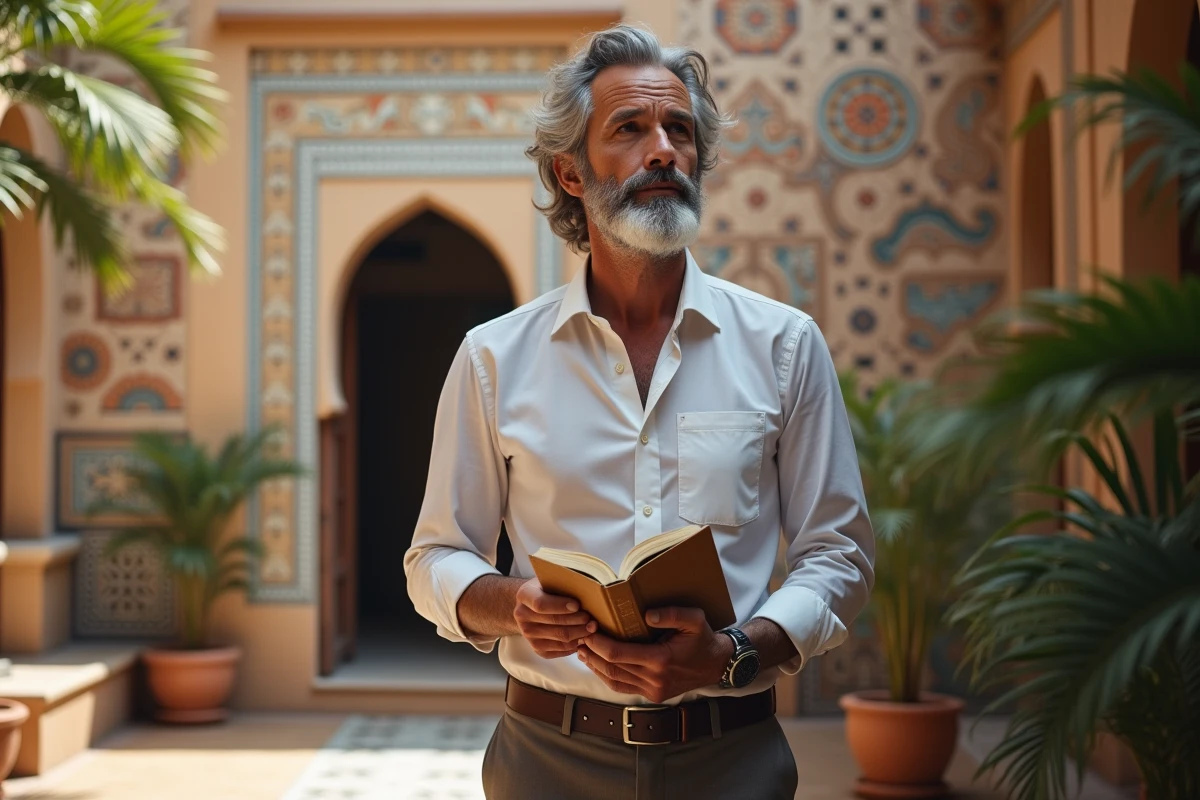 Homme regardant une mosaïque dans une cour en plein soleil