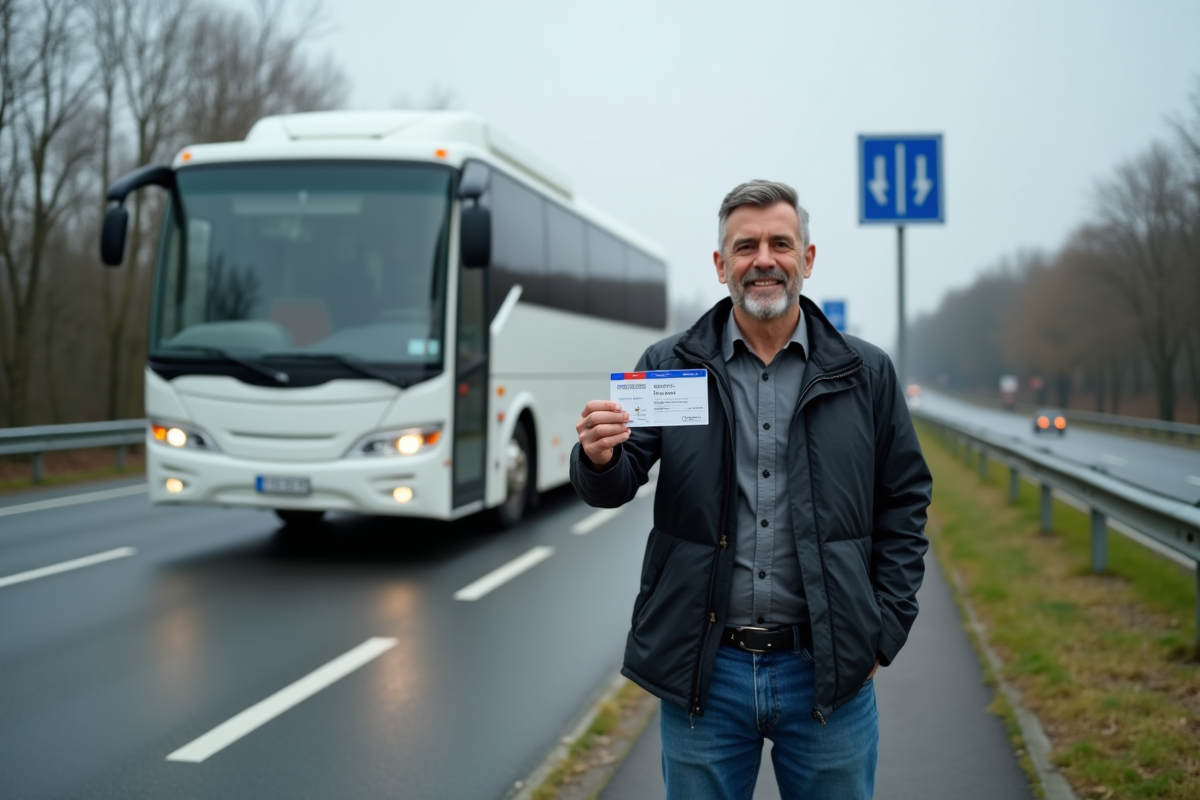 Homme souriant tenant son permis de conduire près d'un bus blanc