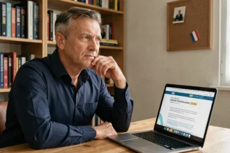 Homme d'âge moyen réfléchissant à un quiz d'orientation politique sur un ordinateur portable dans un bureau à domicile