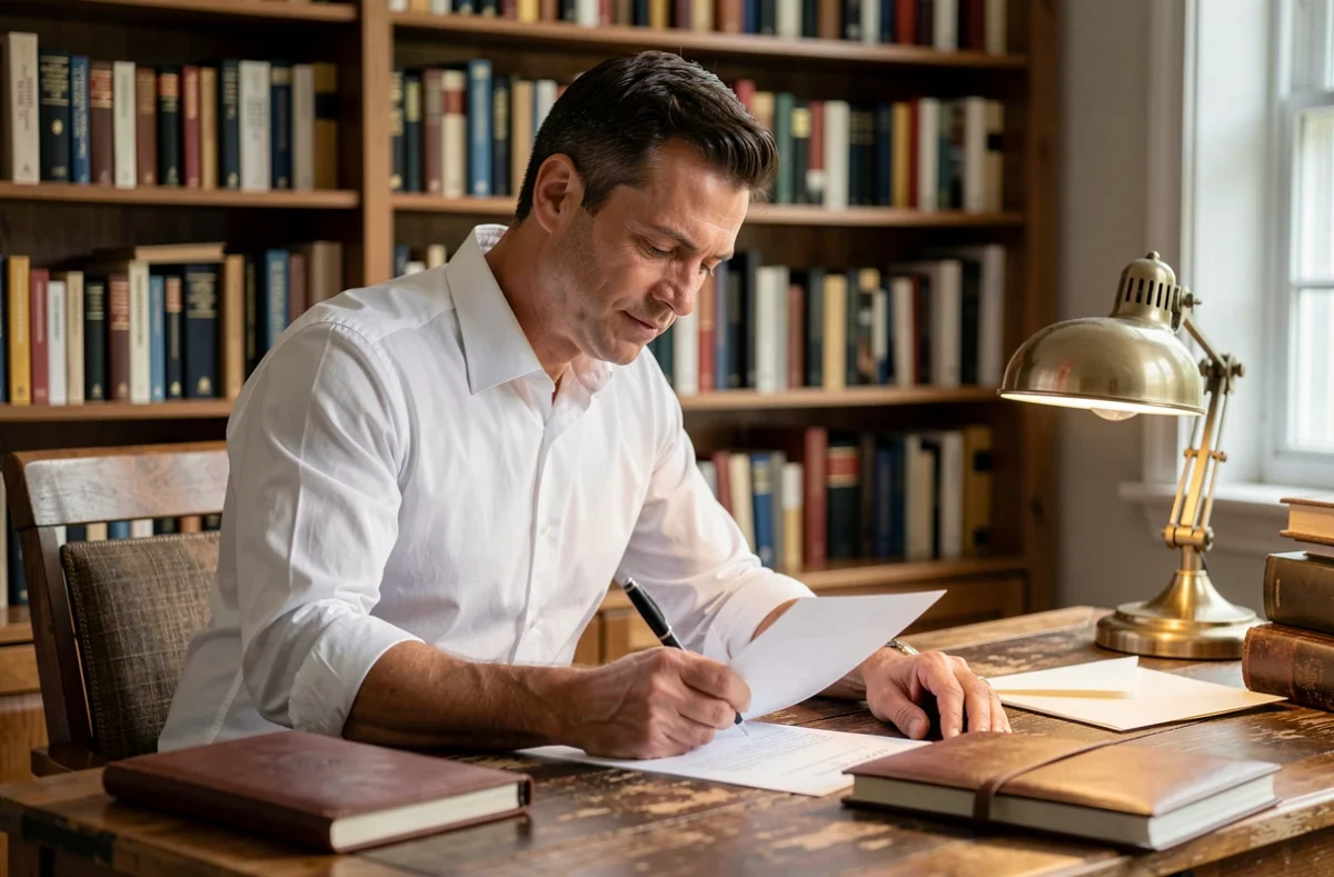 Homme rédigeant une lettre formelle à la main dans un bureau à domicile avec une bibliothèque en arrière-plan