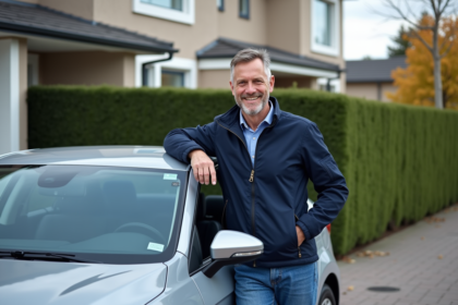 Homme souriant devant une voiture dans une rue résidentielle