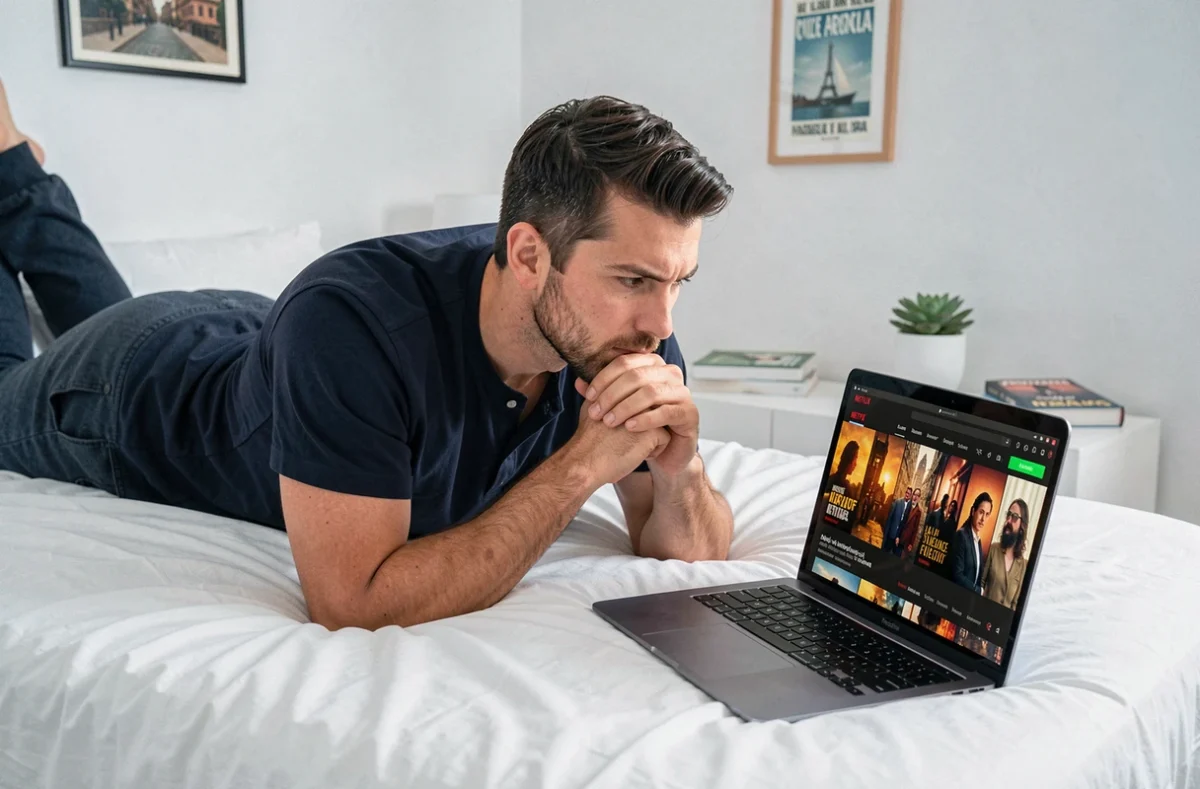 Homme allongé sur son lit regardant une série espagnole Netflix sur ordinateur portable