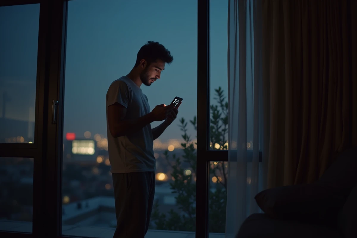 Jeune homme regarde son téléphone dans un salon urbain