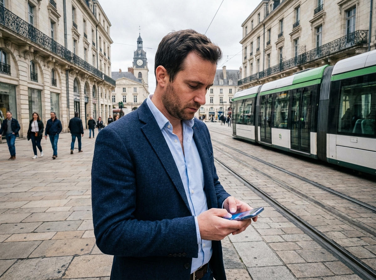 Homme professionnel vérifiant ses notifications près du tram à Orléans