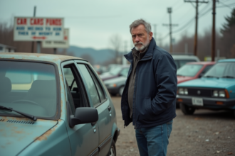Homme d'âge moyen devant une voiture d'occasion usée