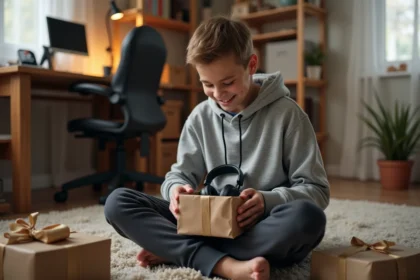 Adolescent de 16 ans qui déballe un cadeau technologique, casque audio sans fil, dans sa chambre décorée