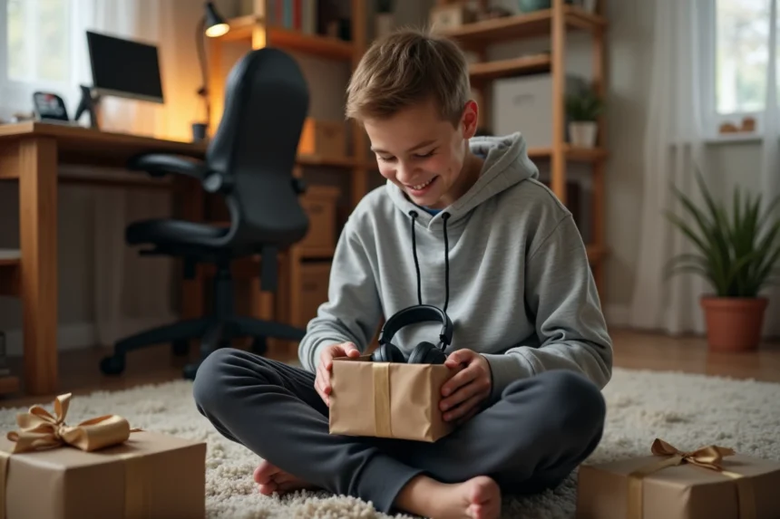 Adolescent de 16 ans qui déballe un cadeau technologique, casque audio sans fil, dans sa chambre décorée