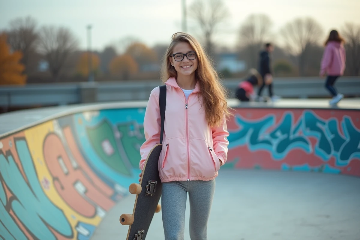 Adolescente de 16 ans sportive tenant un longboard neuf dans un skate park urbain coloré