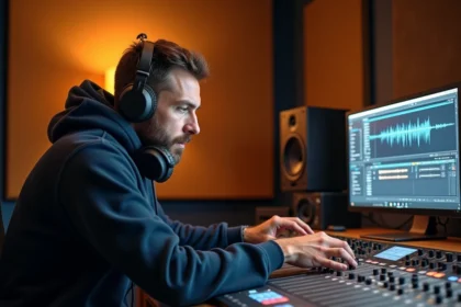 Ingénieur du son professionnel au travail sur une console de mixage dans un studio d'enregistrement moderne