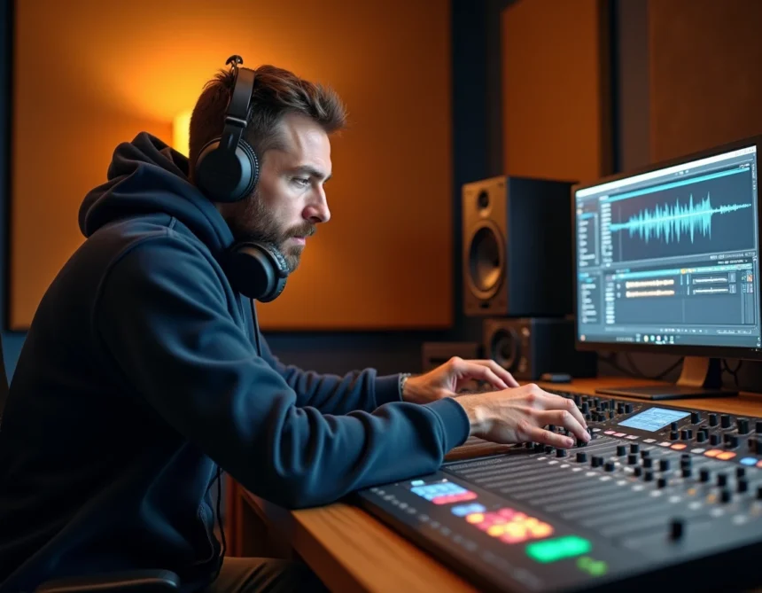 Ingénieur du son professionnel au travail sur une console de mixage dans un studio d'enregistrement moderne