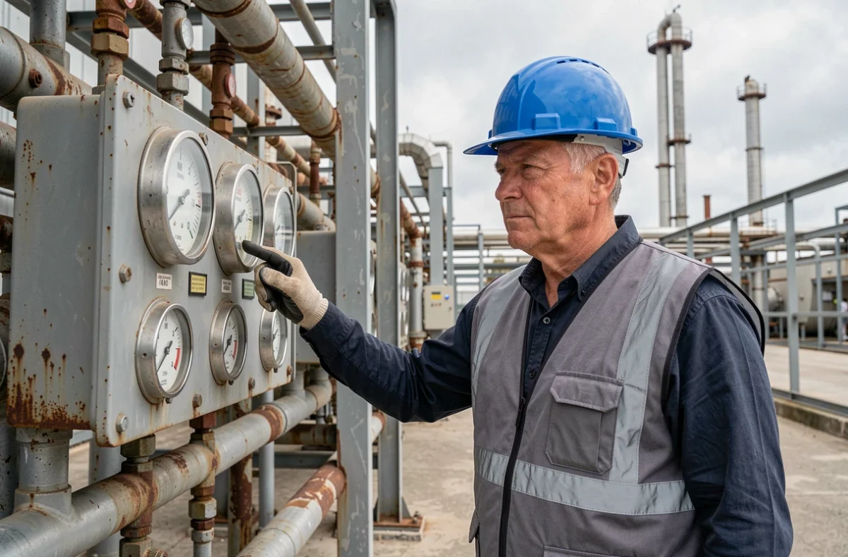 Ingénieur industriel pointant un manomètre analogique sur un panneau de tuyauterie dans une installation industrielle