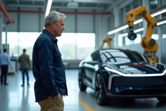 Ingénieur homme examine prototype voiture électrique futuriste