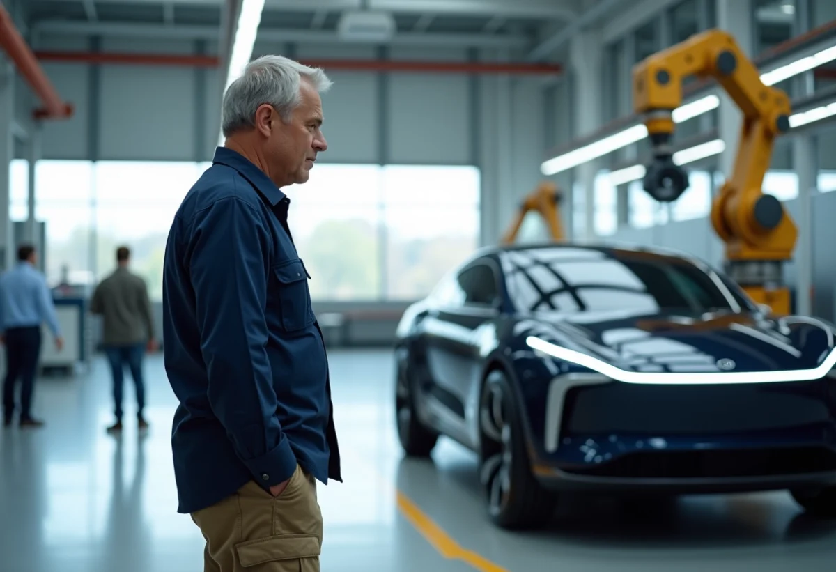 Ingénieur homme examine prototype voiture électrique futuriste