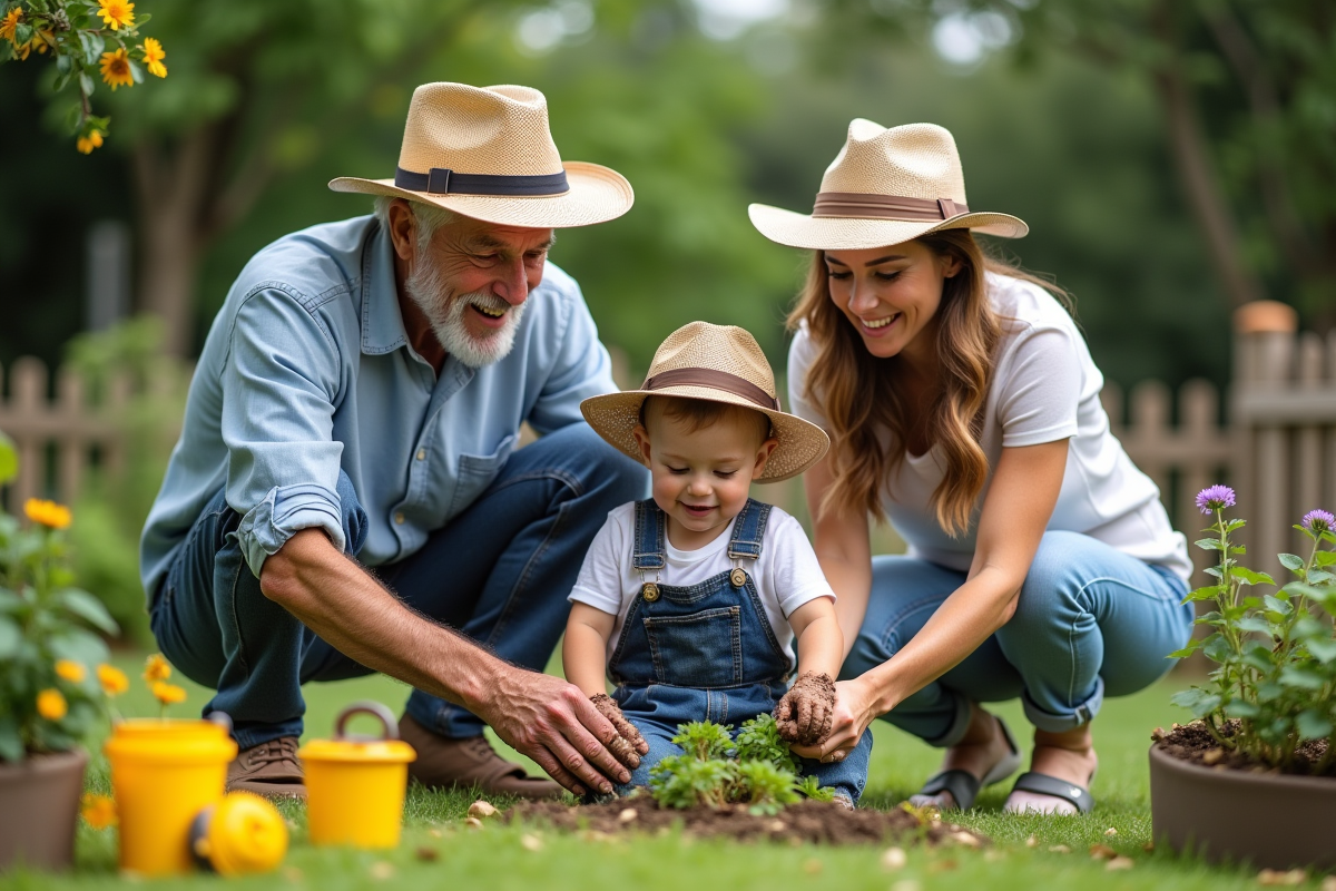 Famille jardinant dans le jardin en plein air