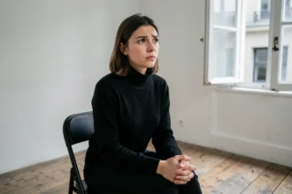 Jeune actrice française en audition dans une salle de casting parisienne, regard plein d'espoir et de nervosité