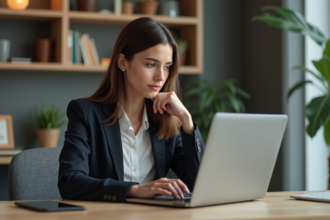 Jeune femme professionnelle travaillant sur son ordinateur dans un bureau moderne