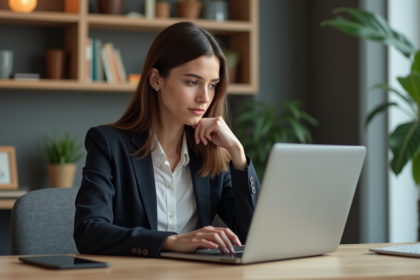 Jeune femme professionnelle travaillant sur son ordinateur dans un bureau moderne
