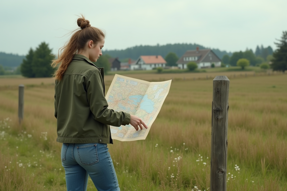Jeune femme étudiant une carte dans un champ rural