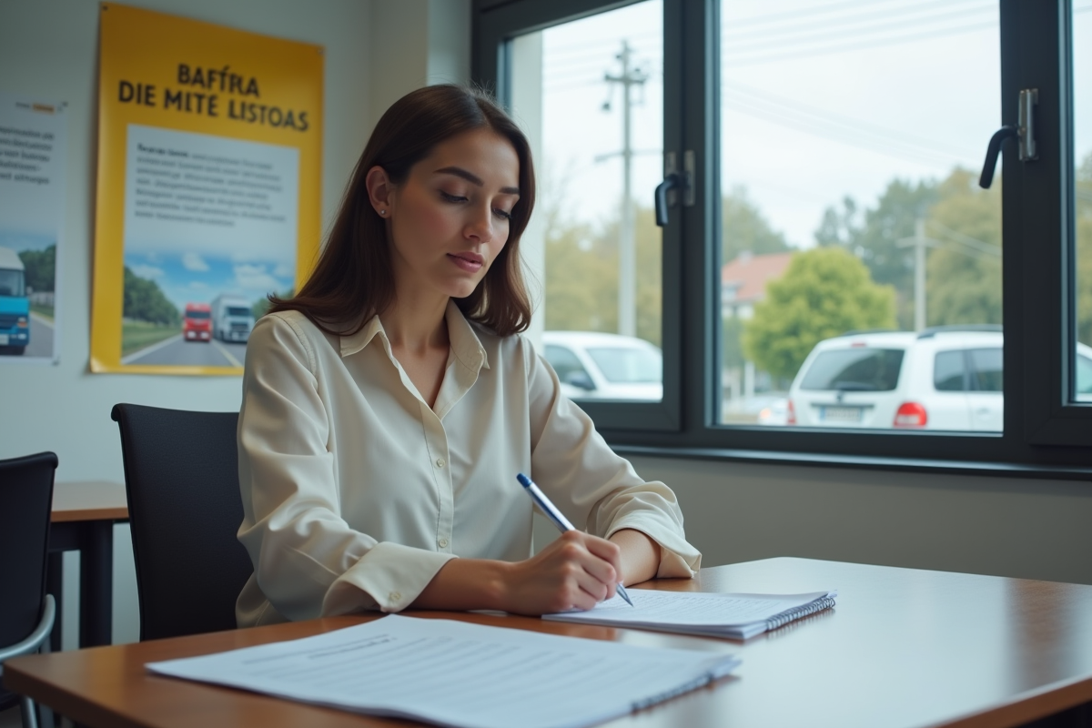 Jeune femme remplissant un formulaire de permis dans une salle de formation