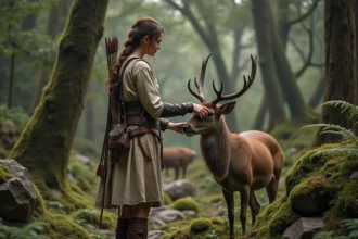 Jeune femme dans la forêt ancienne avec un cerf