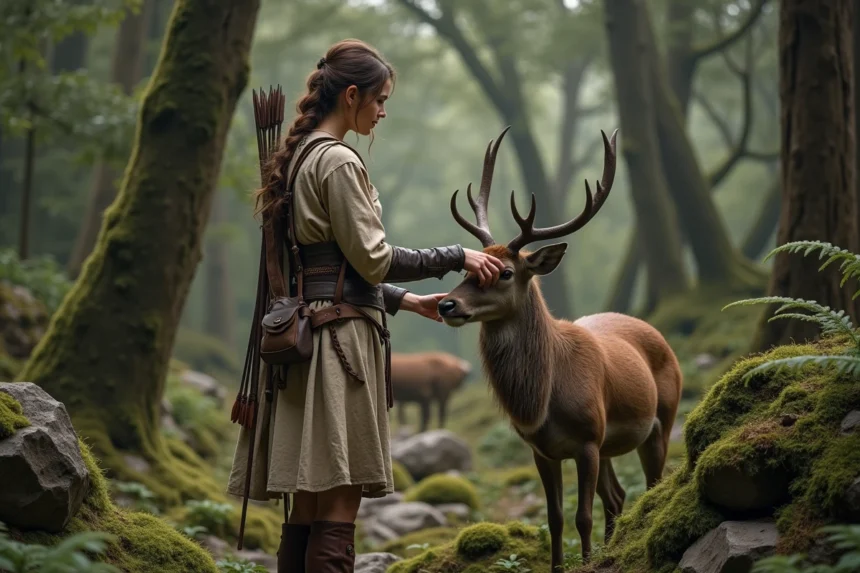 Jeune femme dans la forêt ancienne avec un cerf